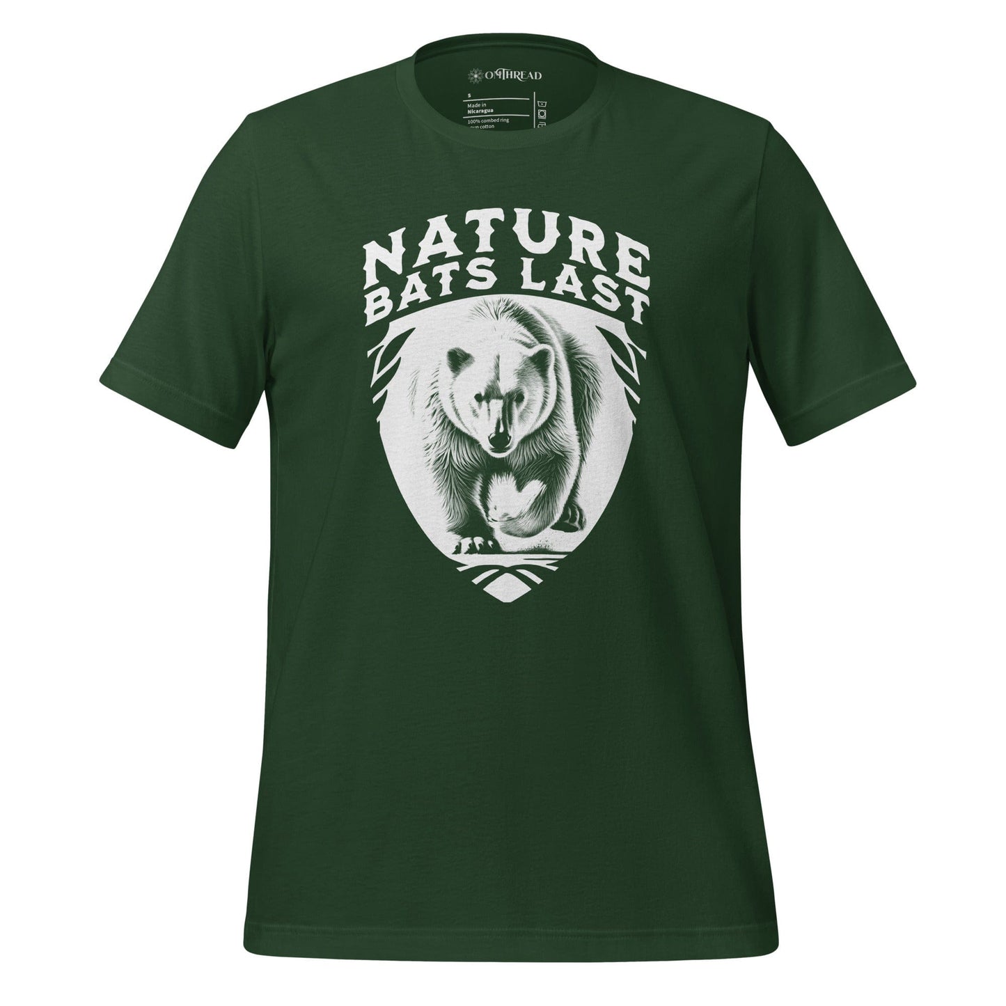 OMTHREAD forest green T-Shirt with a detailed polar bear illustration and bold "Nature Bats Last" text.
