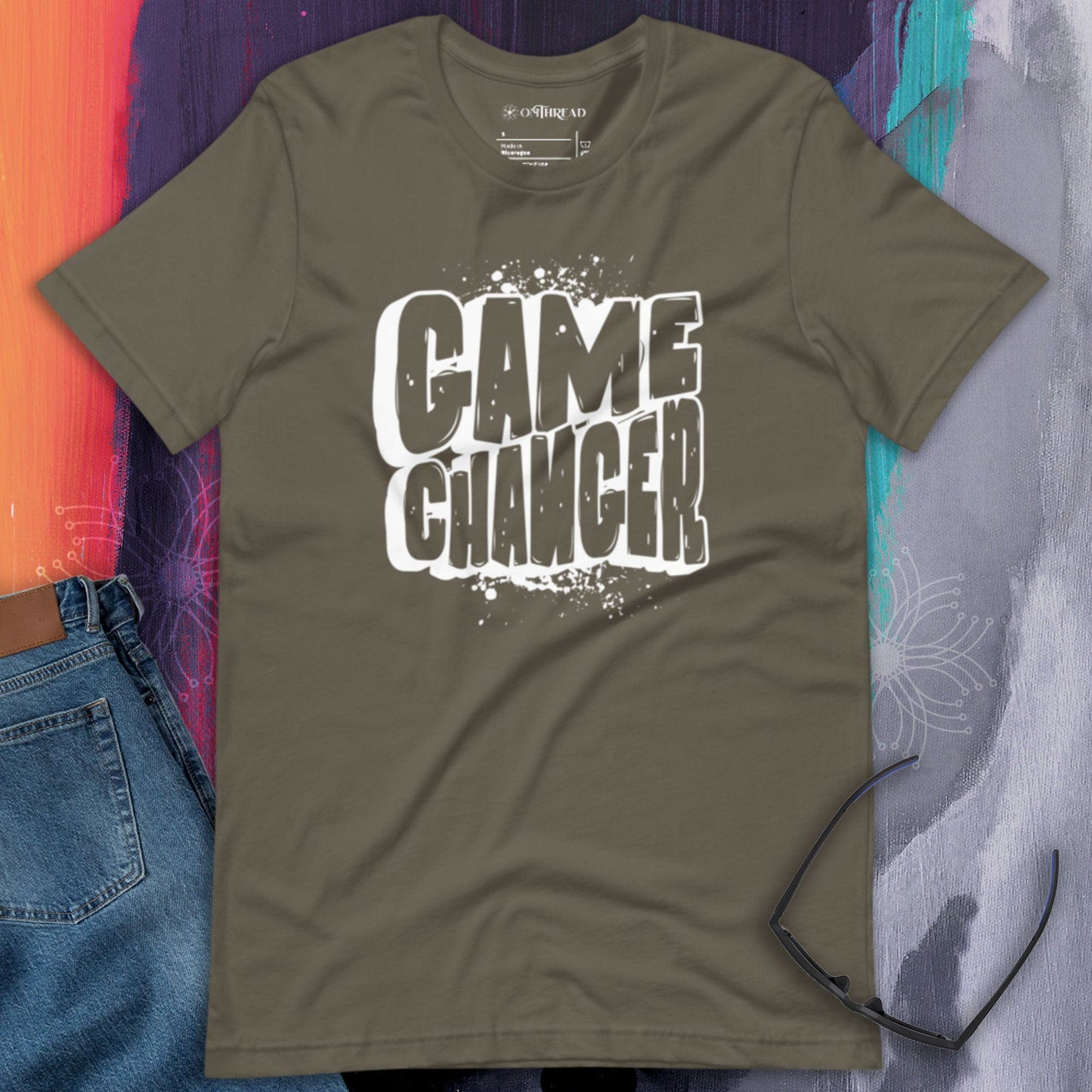 OMTHREAD army green t-shirt with bold white "Game Changer" text in a distressed font.