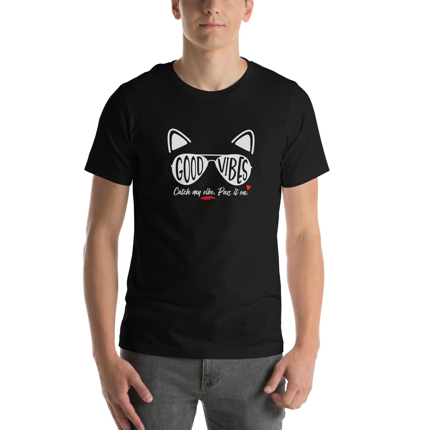 OMTHREAD Good Vibes Cat T-Shirt | Positive Energy Cat Tee | Catch My Vibe Shirt