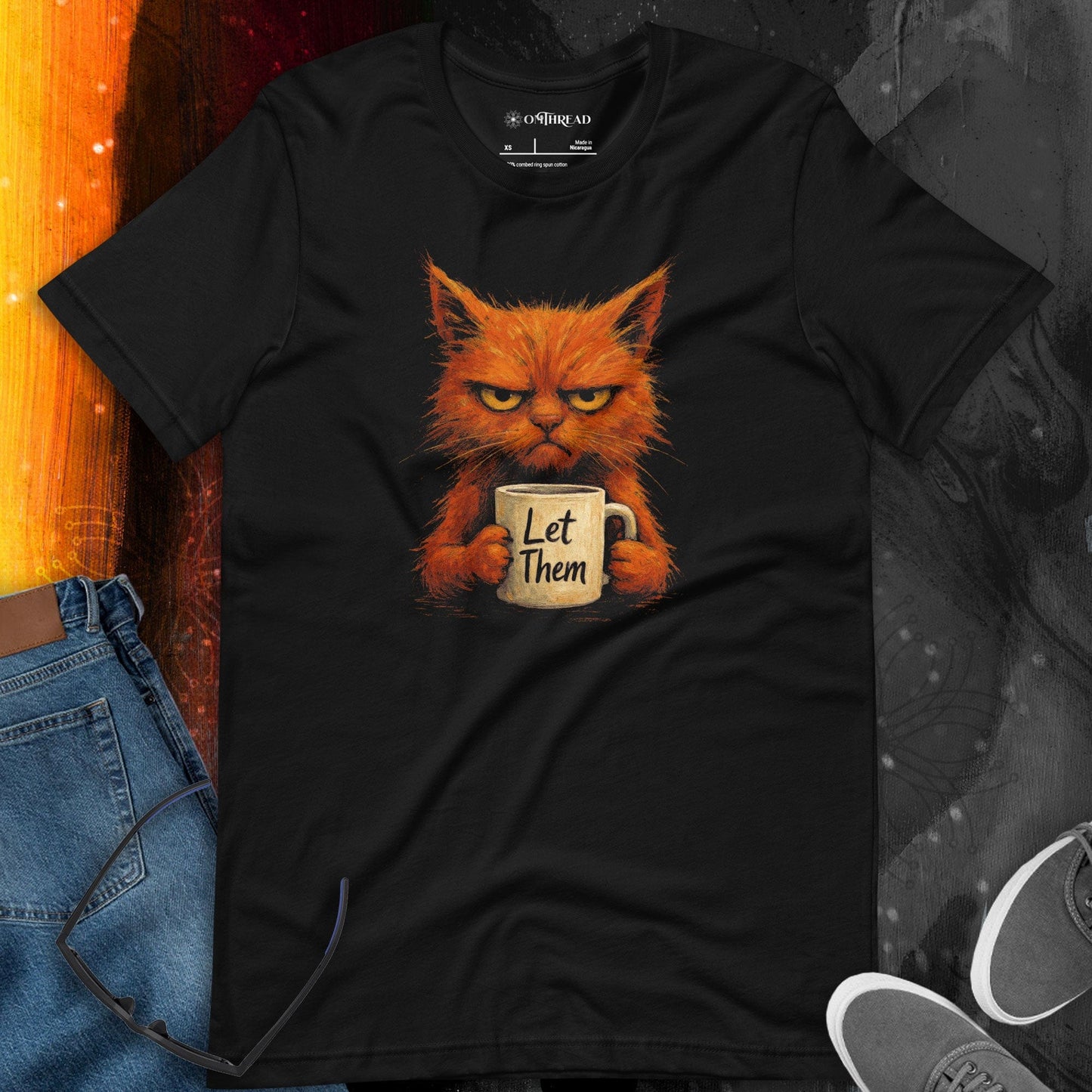 OMTHREAD Grumpy Cat Let Them Mug T-Shirt, Funny Orange Cat Tee, Moody Cat Coffee Shirt
