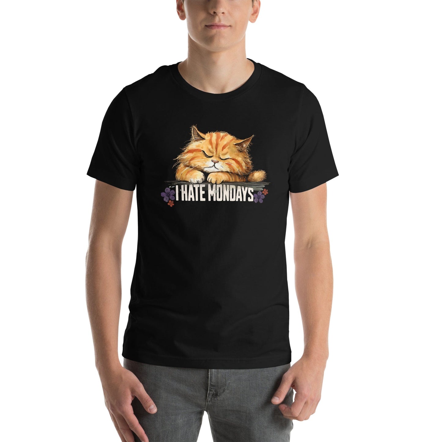 OMTHREAD I Hate Mondays Cat T-Shirt – Funny Lazy Cat Graphic Tee for Pet Lovers on a Black Tee. Features a grumpy orange tabby cat resting on a wooden sign with floral details.