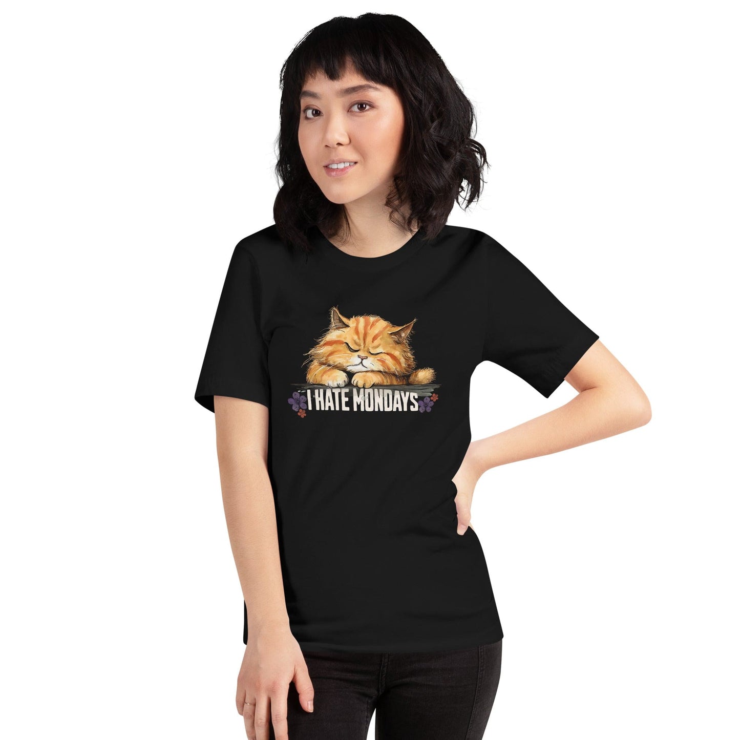 OMTHREAD Hate Mondays Cat T-Shirt | Funny Lazy Cat Graphic Tee for Pet Lovers