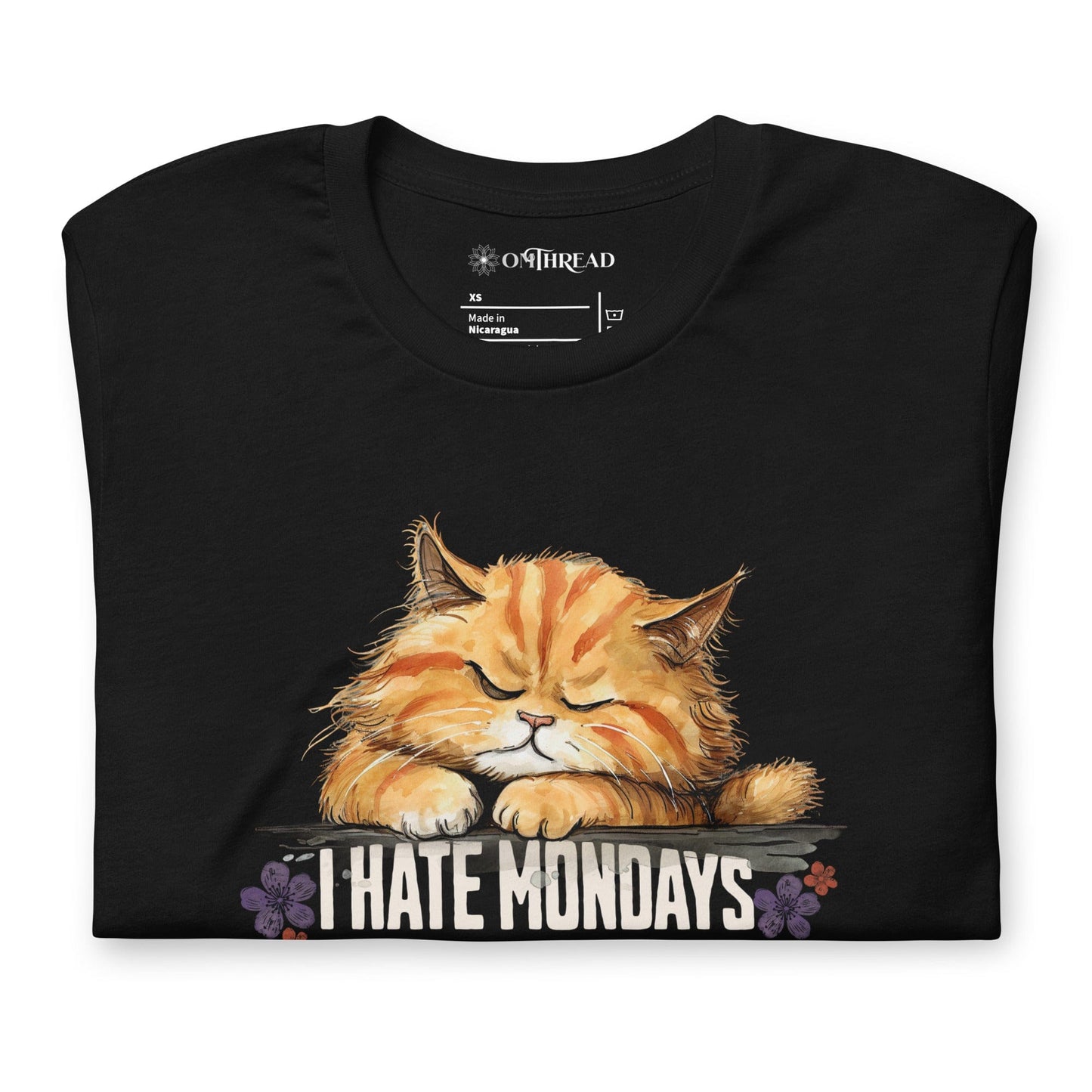 OMTHREAD Hate Mondays Cat T-Shirt | Funny Lazy Cat Graphic Tee for Pet Lovers
