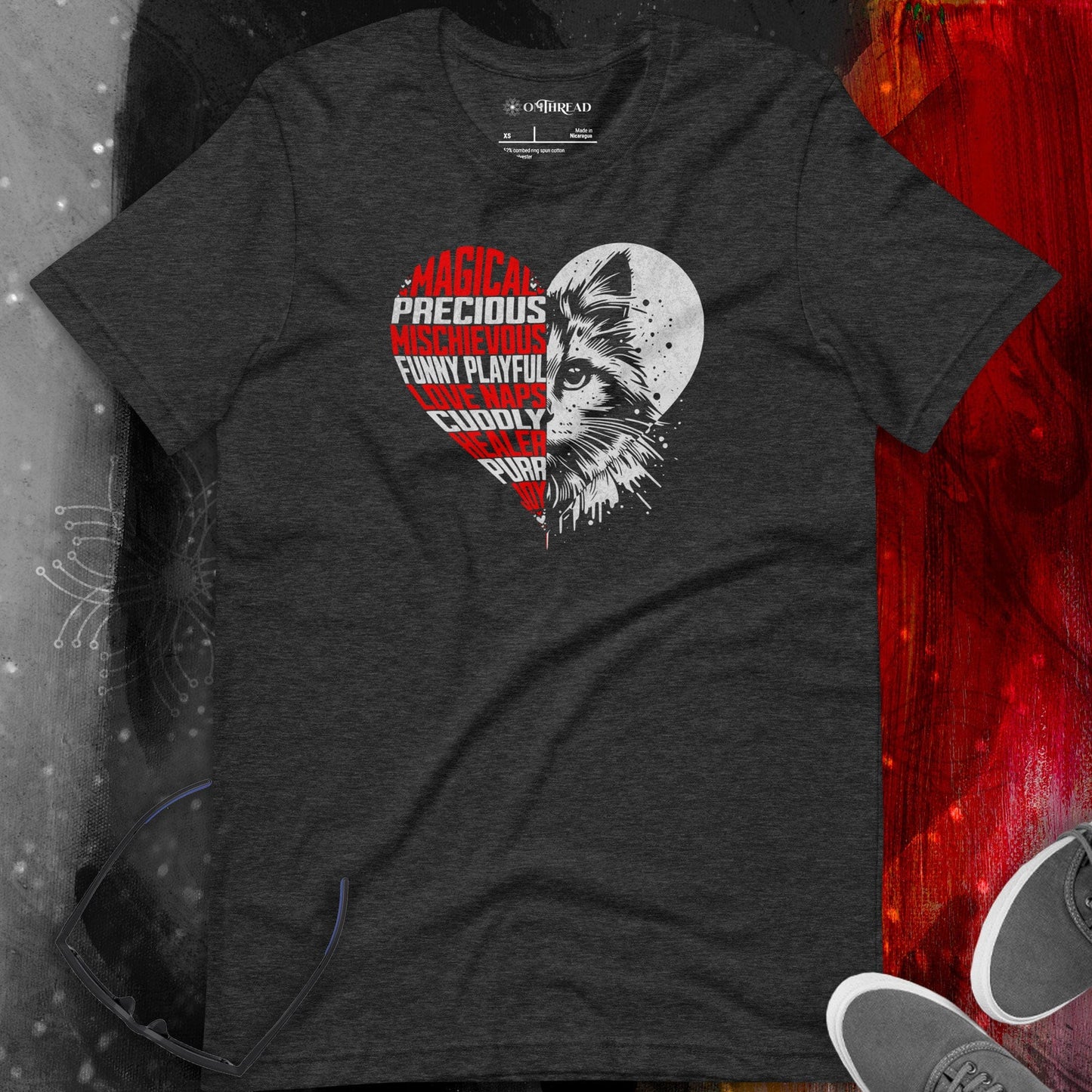 OMTHREAD Heart Cat Word Art T-Shirt, Cute Cat Lover Shirt, Gift for Cat Moms and Dads