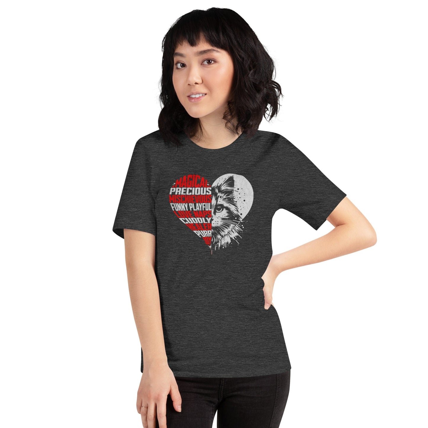 OMTHREAD Heart Cat Word Art T-Shirt, Cute Cat Lover Shirt, Gift for Cat Moms and Dads