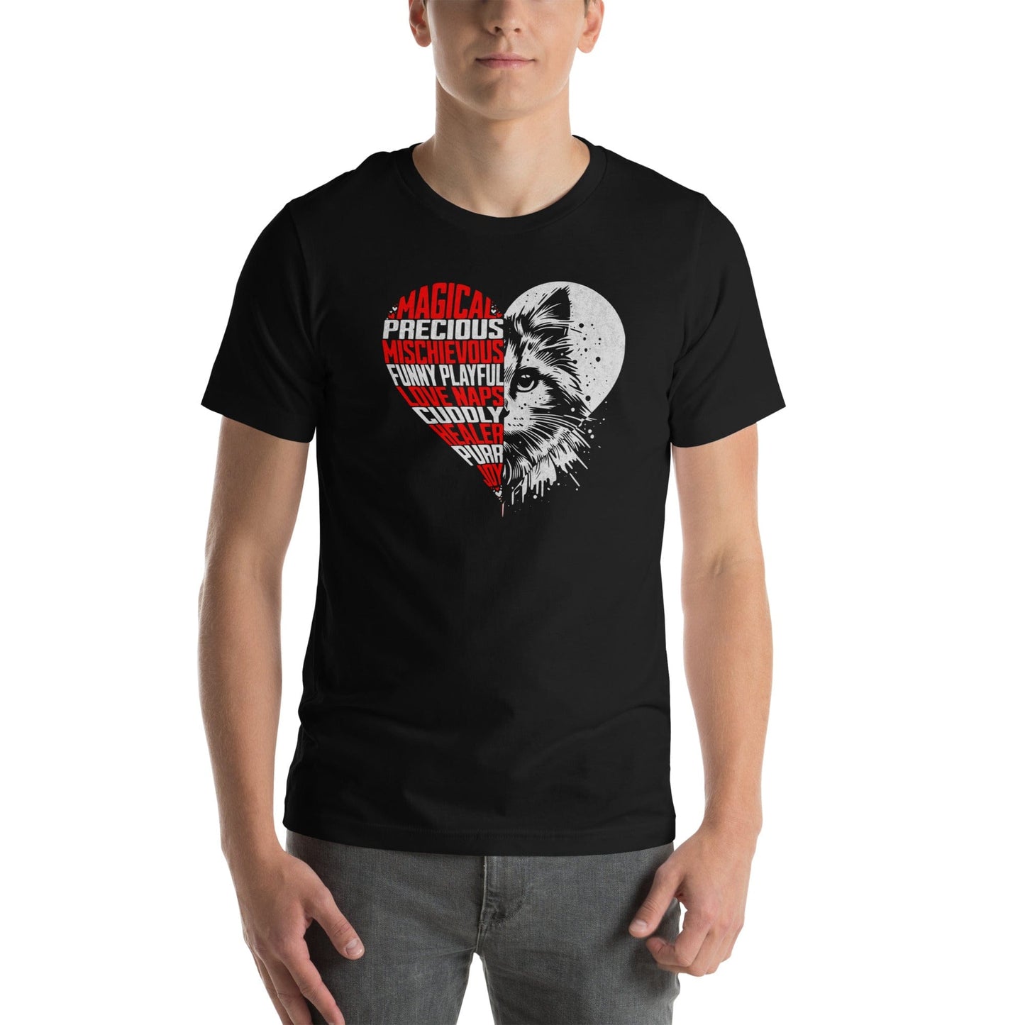OMTHREAD Heart Cat Word Art T-Shirt, Cute Cat Lover Shirt, Gift for Cat Moms and Dads