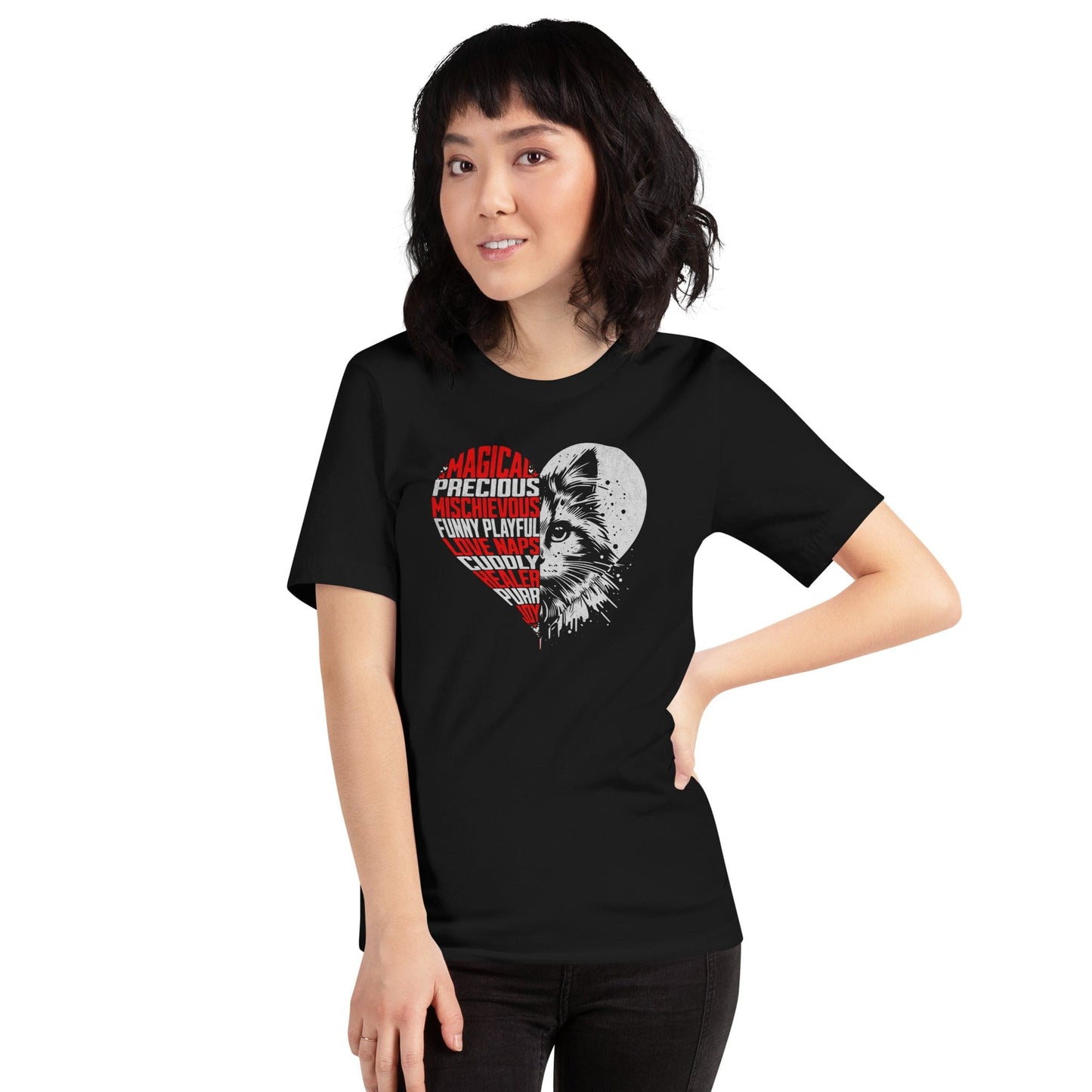 OMTHREAD Heart Cat Word Art T-Shirt, Cute Cat Lover Shirt, Gift for Cat Moms and Dads