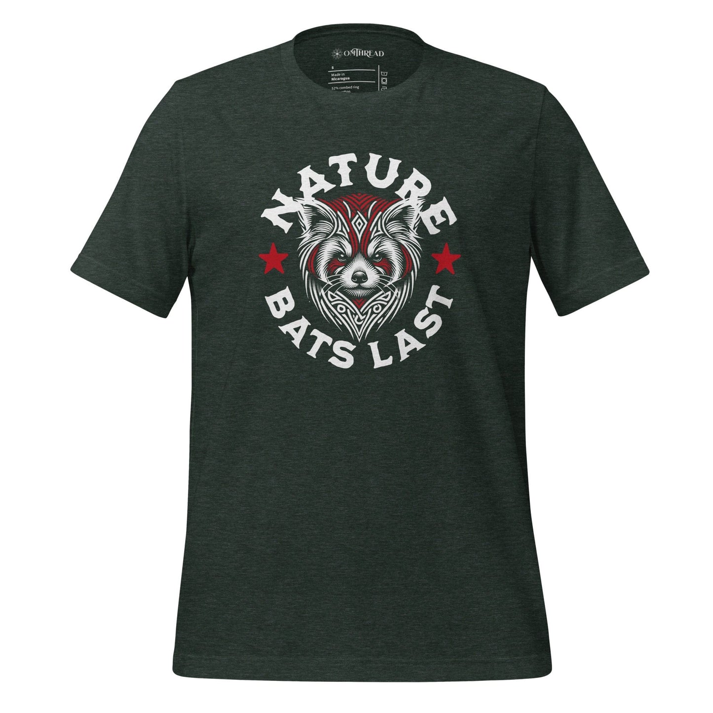 OMThread heather forest t-shirt with a tribal-style red panda illustration and bold "Nature Bats Last" text, featuring red stars on a dark background.