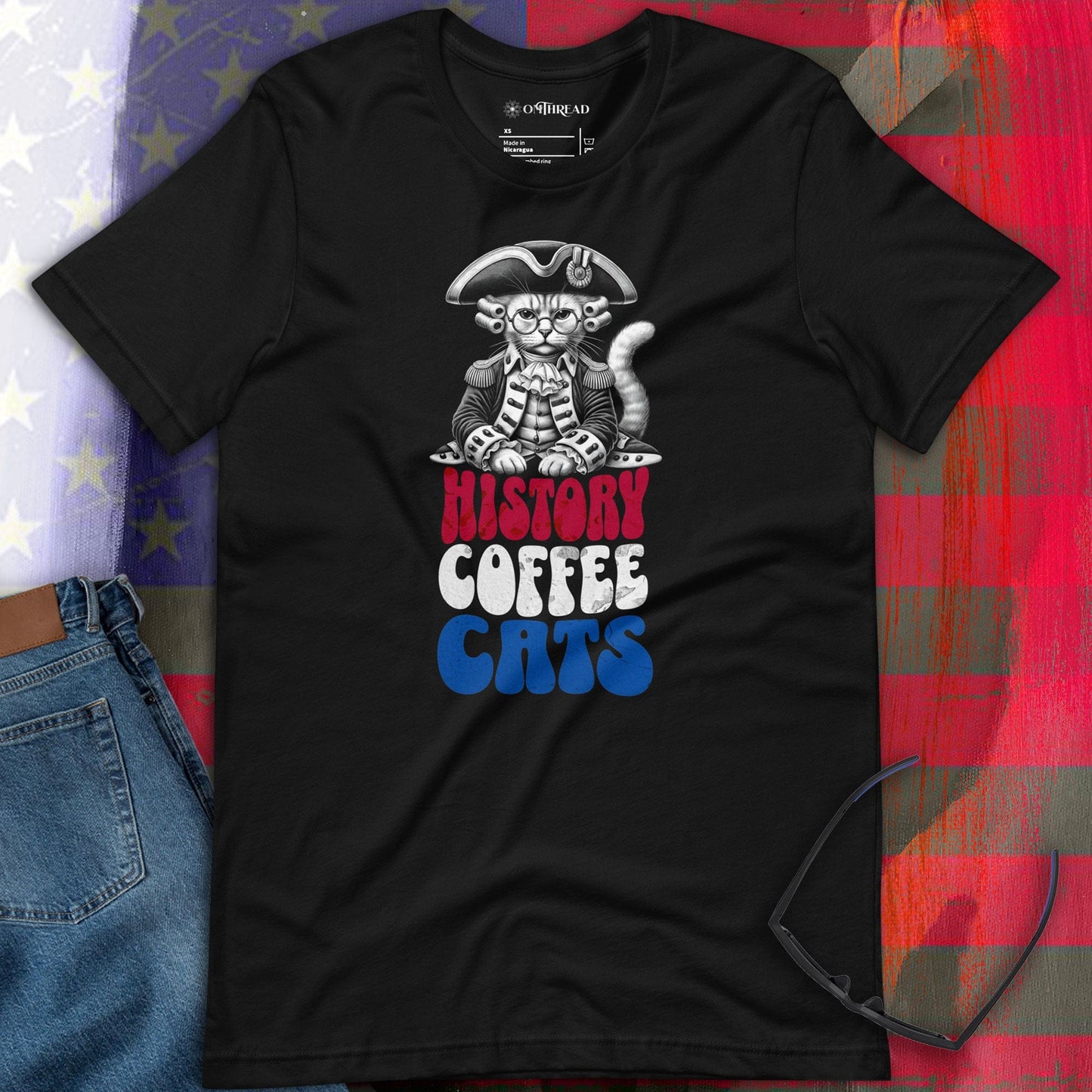 OMTHREAD History Cats Coffee T-Shirt | Funny Cat Lover Tee | Retro Cat Coffee Shirt