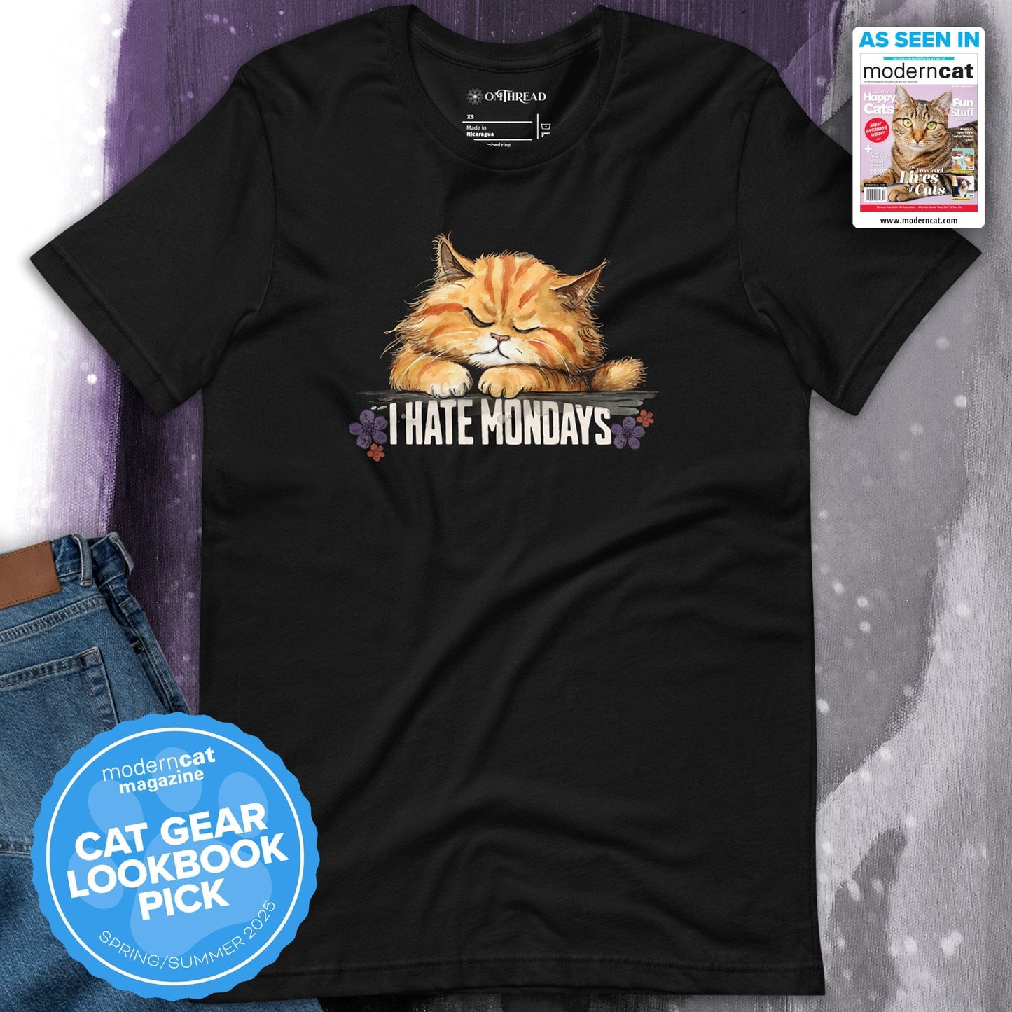 OMTHREAD I Hate Mondays Cat T-Shirt | Funny Lazy Cat Graphic Tee for Pet Lovers