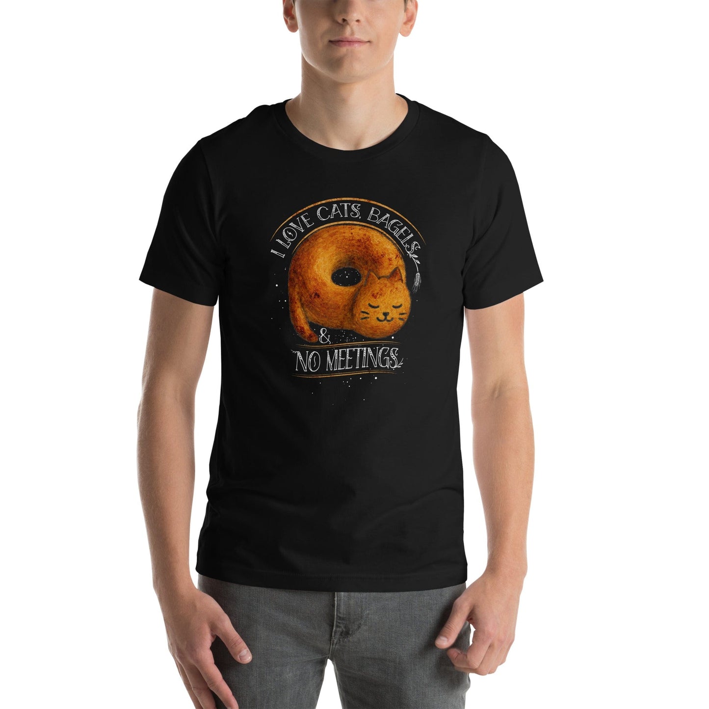 OMTHREAD I Love Cats, Bagels and No Meetings Cat T-Shirt