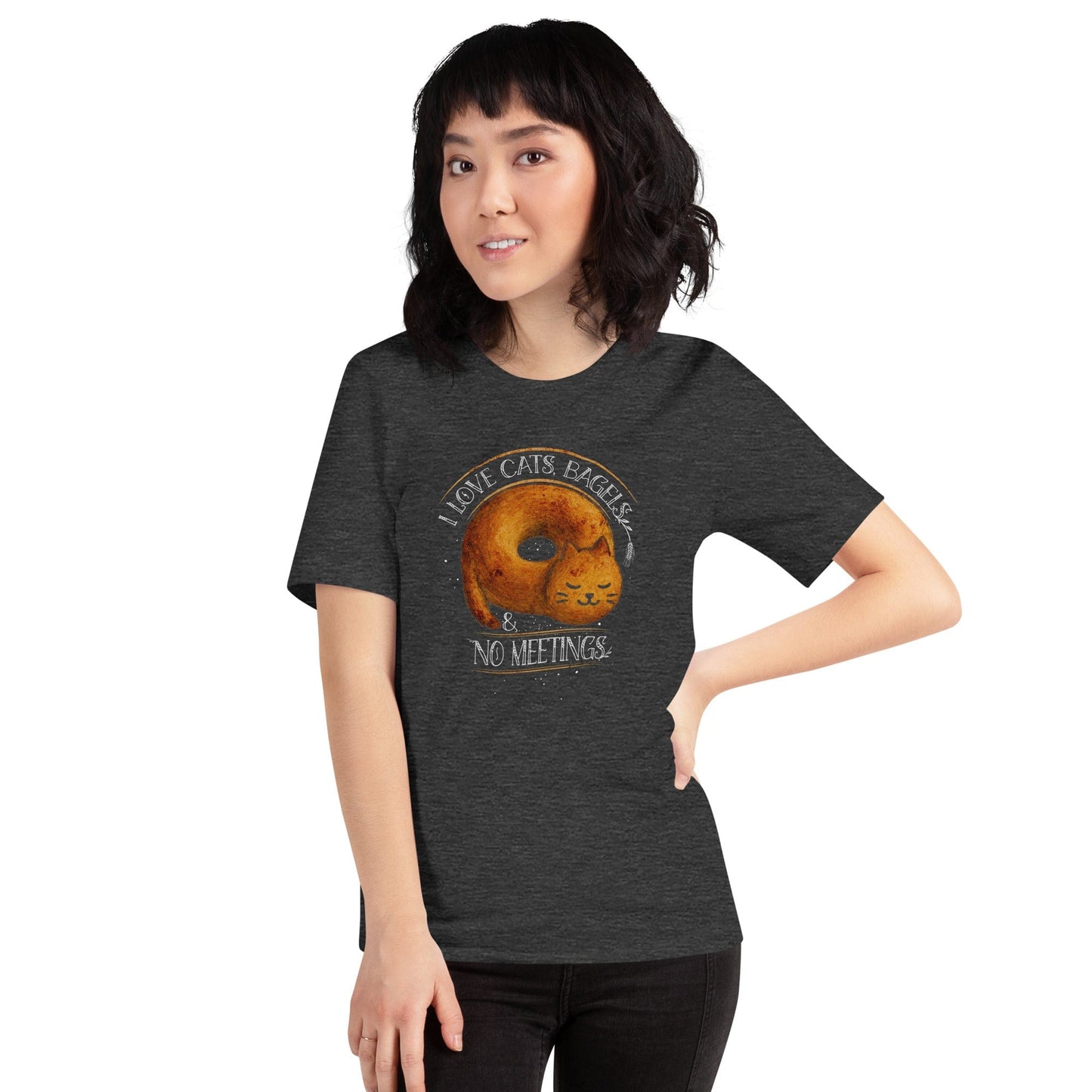 OMTHREAD I Love Cats, Bagels and No Meetings Cat T-Shirt