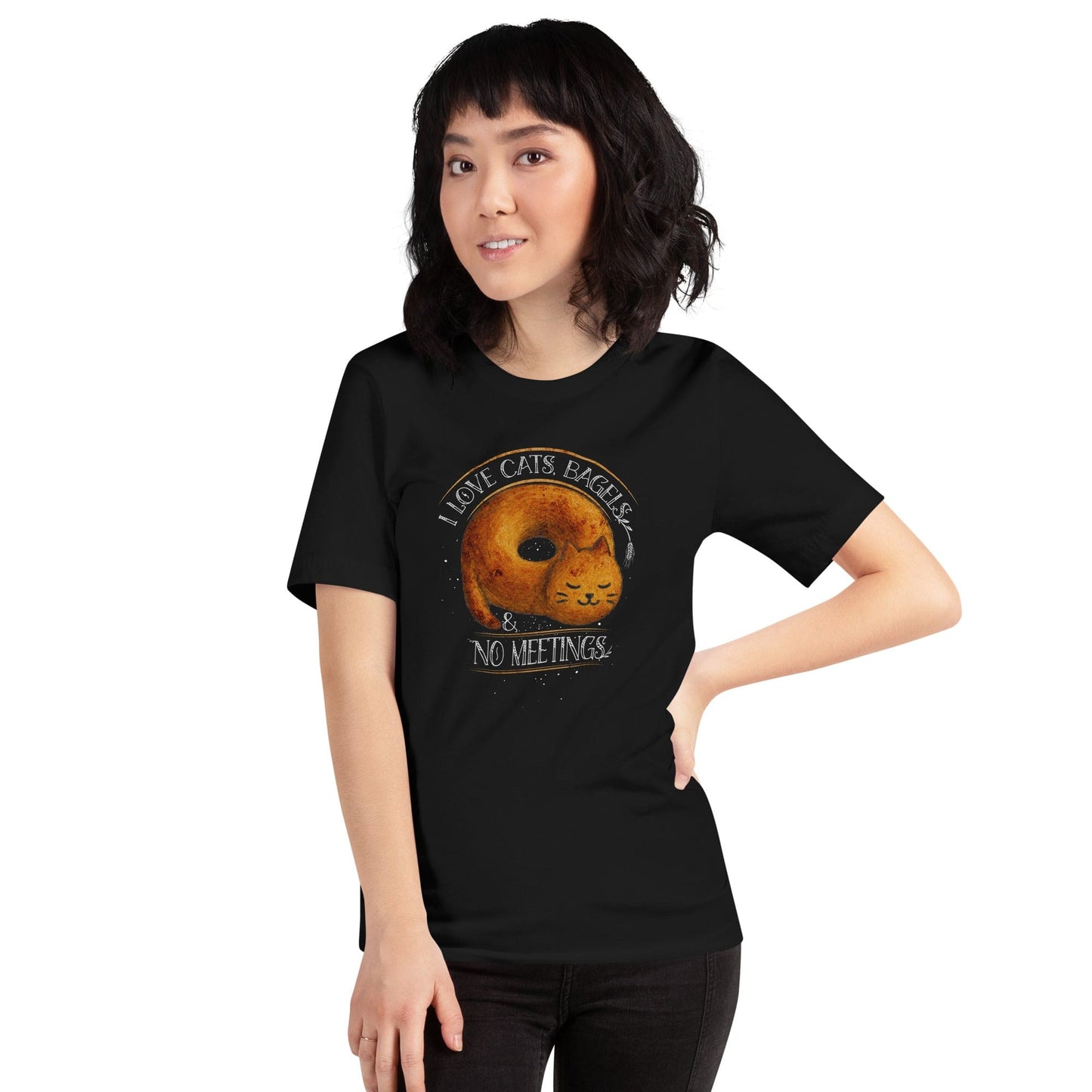 OMTHREAD I Love Cats, Bagels and No Meetings Cat T-Shirt