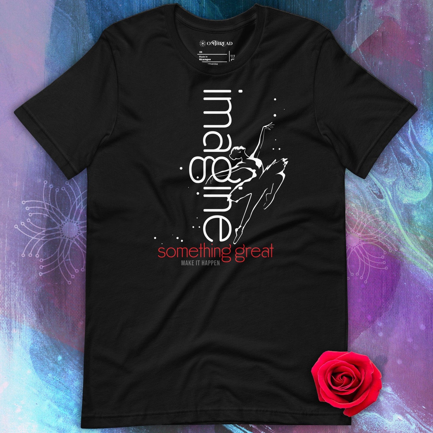 OMTHREAD black t-shirt featuring a dynamic illustration of a dancer leaping with the text "imagine something great" in white and red.