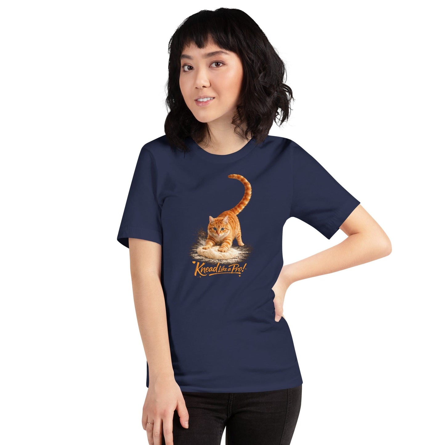 OMTHREAD navy blue T-Shirt Knead Like a Pro Cat Orange Tabby Making Biscuits Baker Gift