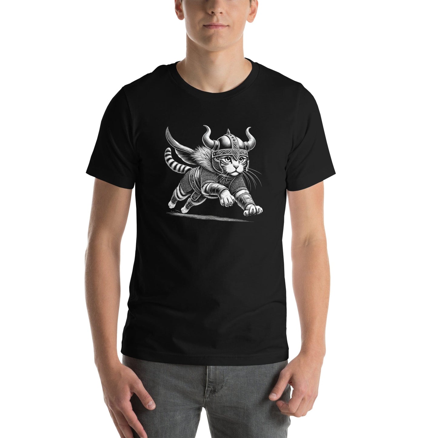 OMTHREAD Leaping Viking Cat T-Shirt | Norse Warrior Feline Graphic Tee
