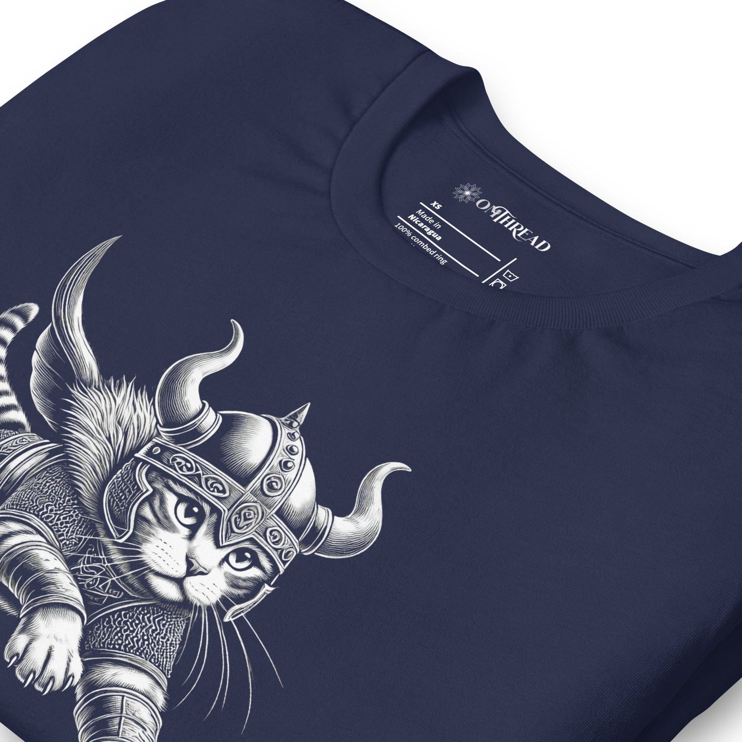 OMTHREAD Leaping Viking Cat T-Shirt | Norse Warrior Feline Graphic Tee
