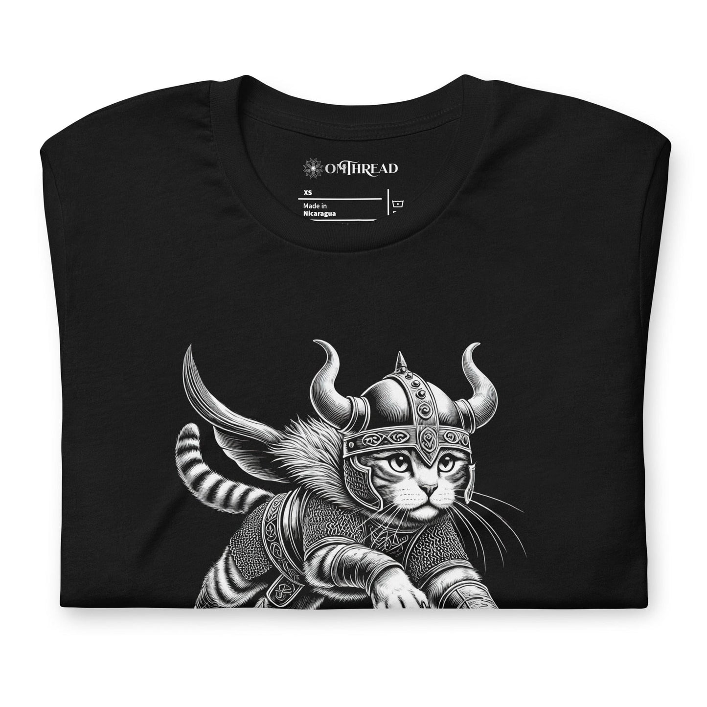OMTHREAD Leaping Viking Cat T-Shirt | Norse Warrior Feline Graphic Tee