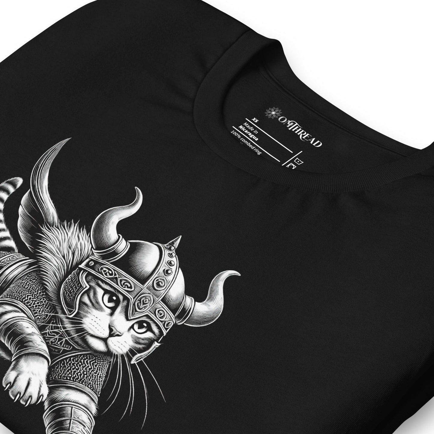 OMTHREAD Leaping Viking Cat T-Shirt | Norse Warrior Feline Graphic Tee