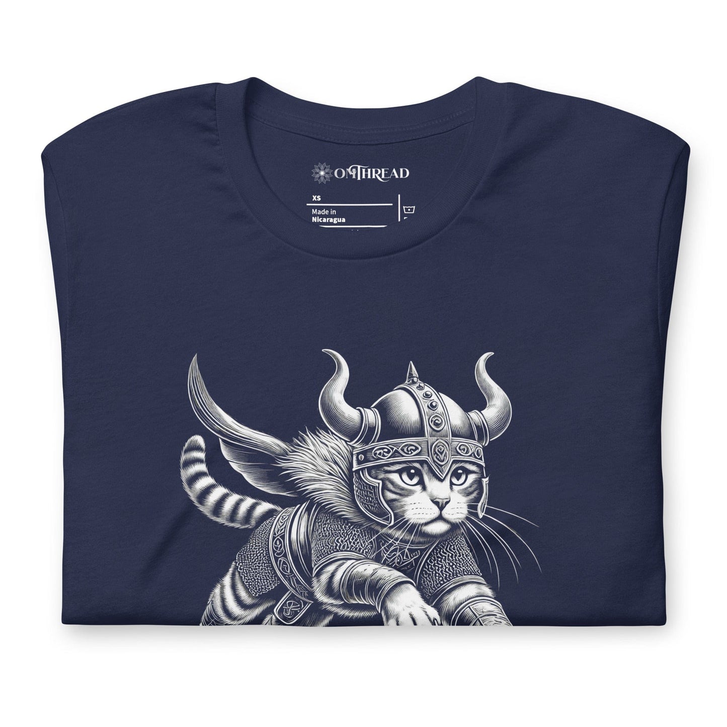 OMTHREAD Leaping Viking Cat T-Shirt | Norse Warrior Feline Graphic Tee