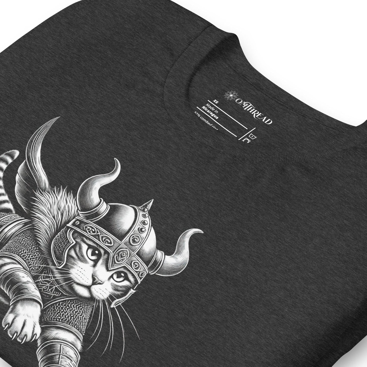 OMTHREAD Leaping Viking Cat T-Shirt | Norse Warrior Feline Graphic Tee