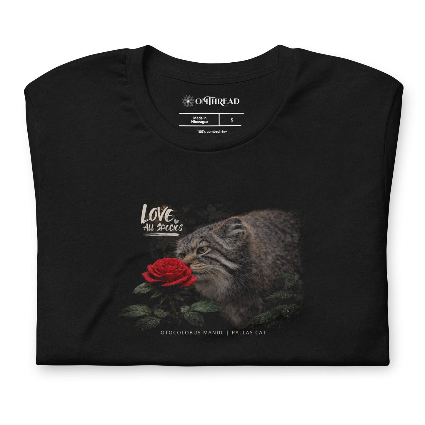OMTHREAD Love All Species Pallas Cat T-Shirt Wildcat with Red Rose