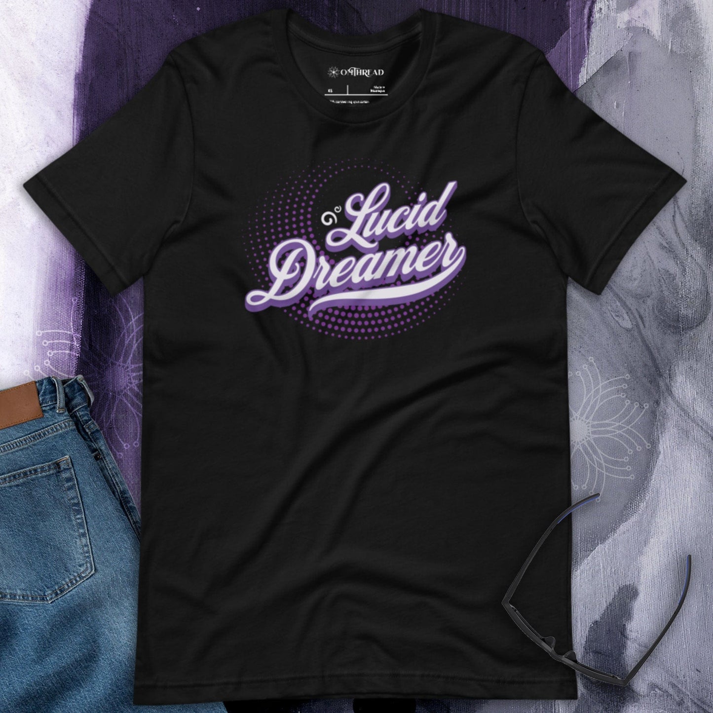 OMThread Lucid Dreamer Inspiration Tee, black, graphic design with purple and white "Lucid Dreamer" text in a retro style