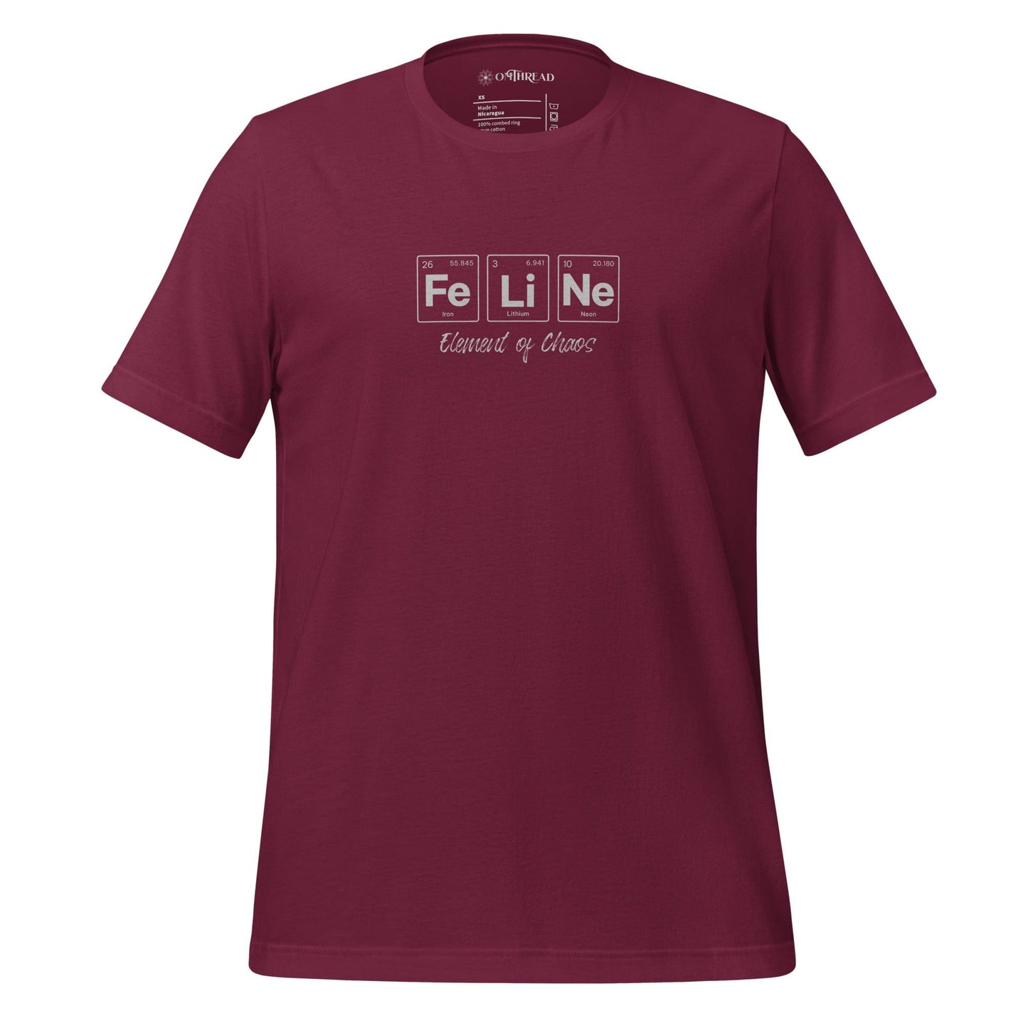 OMThread FeLiNe Element of Chaos maroon t-shirt featuring the word "FeLiNe" spelled using periodic table elements Iron (Fe), Lithium (Li), and Neon (Ne), with "Element of Chaos" written below in cursive font.