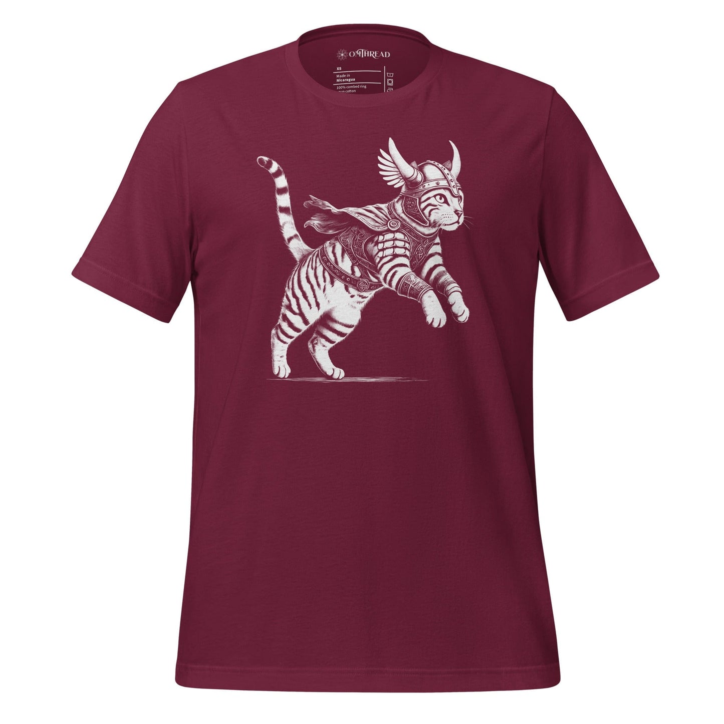 OMThread maroon t-shirt featuring a detailed illustration of a Viking cat in armor with a horned helmet, flowing cape, and feathered wings. The feline warrior is in an action-ready pose with intricate linework.