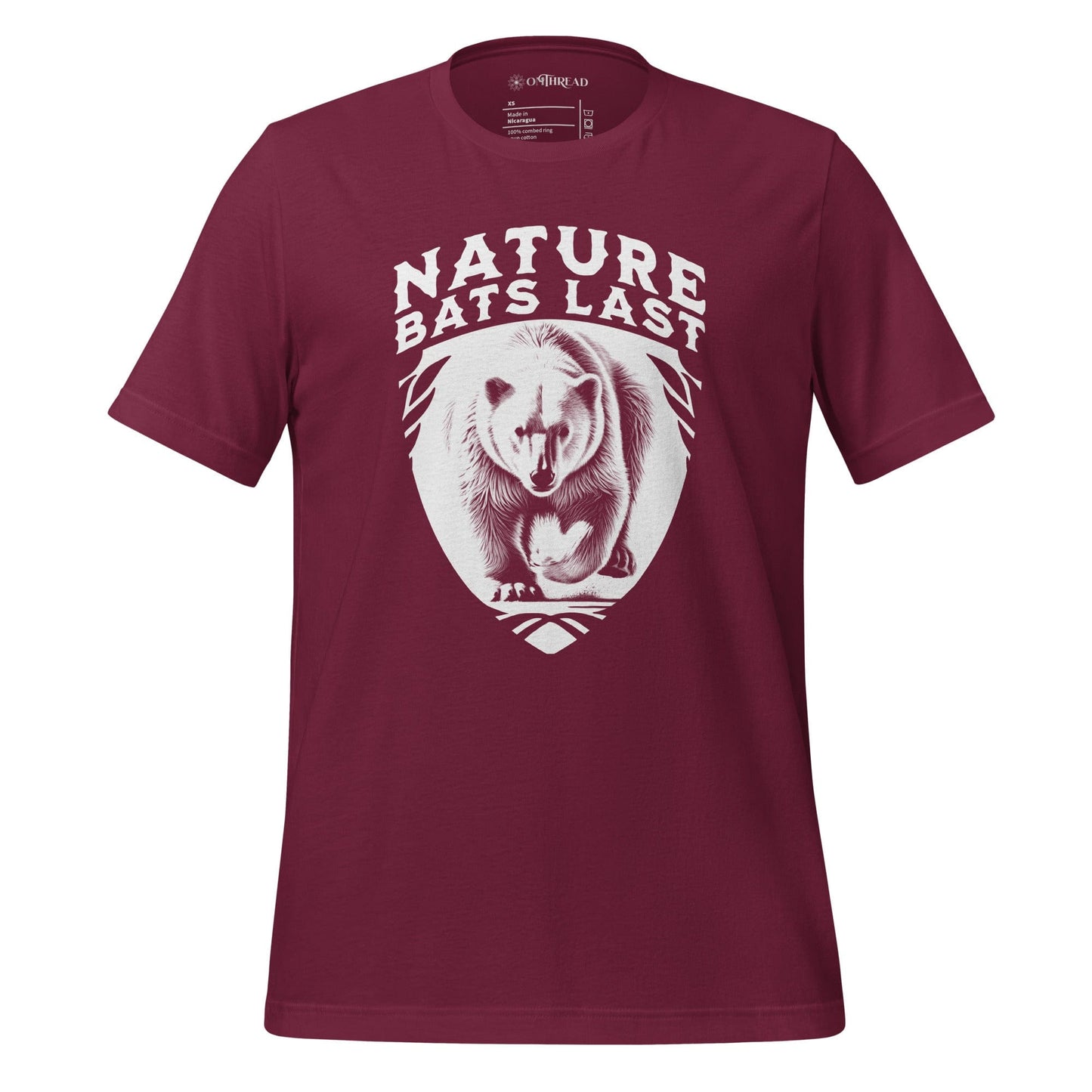 OMTHREAD Maroon T-Shirt with a detailed polar bear illustration and bold "Nature Bats Last" text.