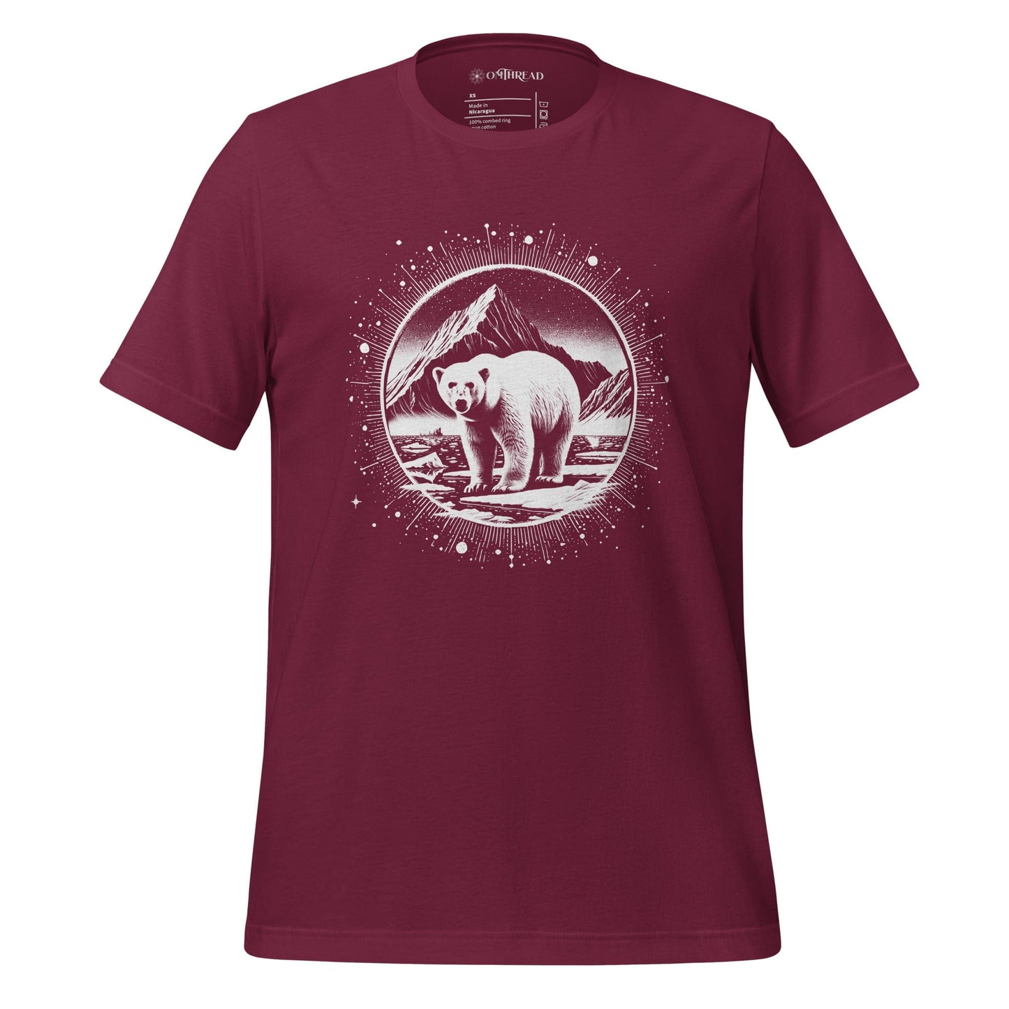 OMTHREAD maroon blue t-shirt featuring a detailed black and white illustration of a polar bear standing in an Arctic landscape, framed by a circular cosmic halo design.