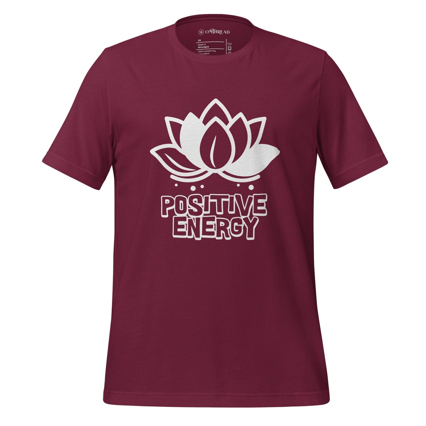 OMTHREAD Maroon Radiate Positive Energy Motivational Tee with a lotus flower design and bold text 'Positive Energy' in white.