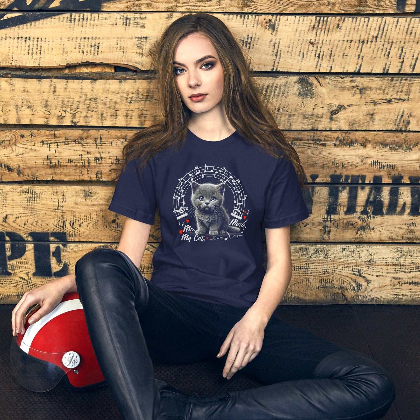 OMTHREAD Me My Cat and Music T-Shirt | Cat Lover Musician Tee | Musical Notes Cat Shirt