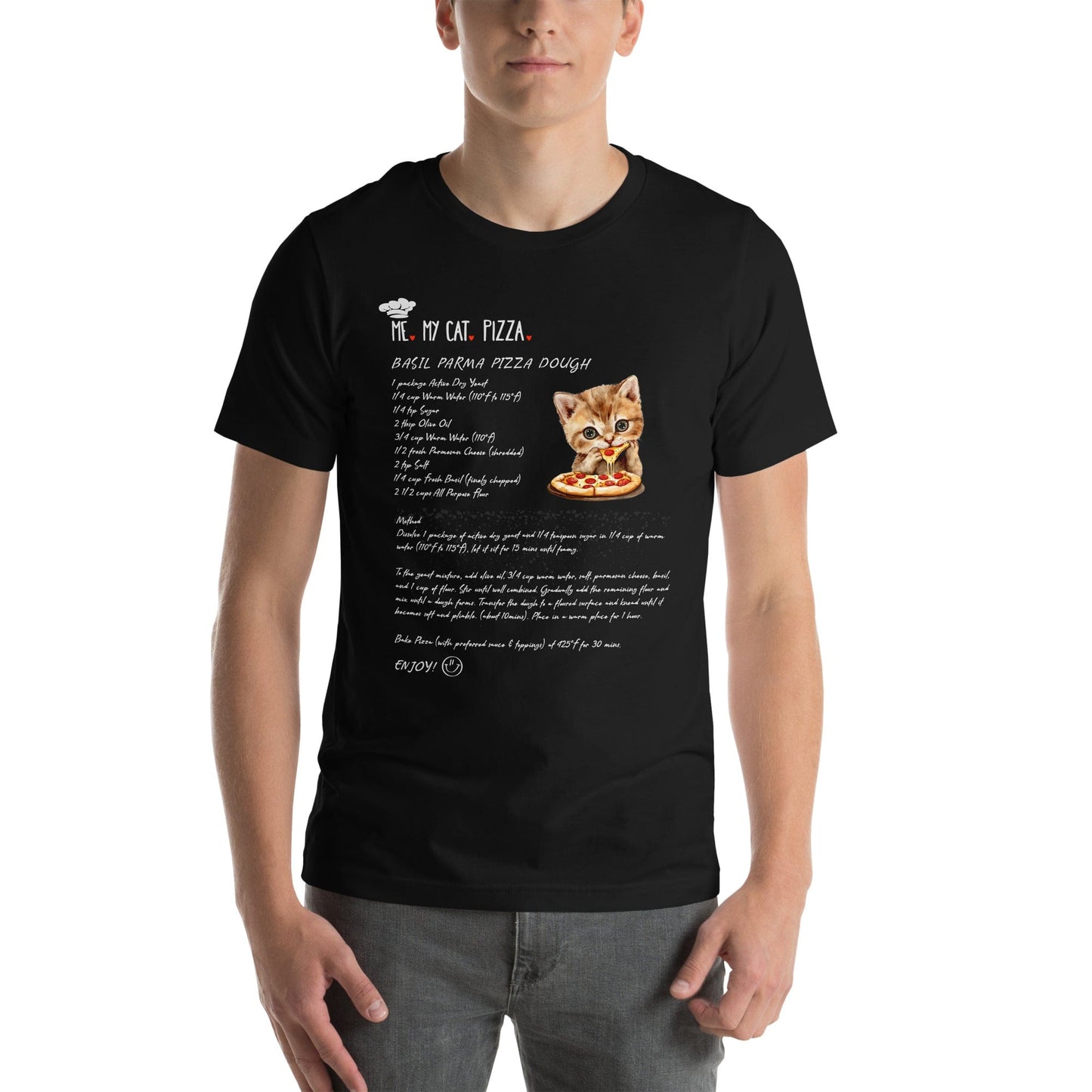 OMTHREAD Me, My Cat, Real Pizza Recipe T-Shirt | Recipe Graphic Tee for Food Lovers