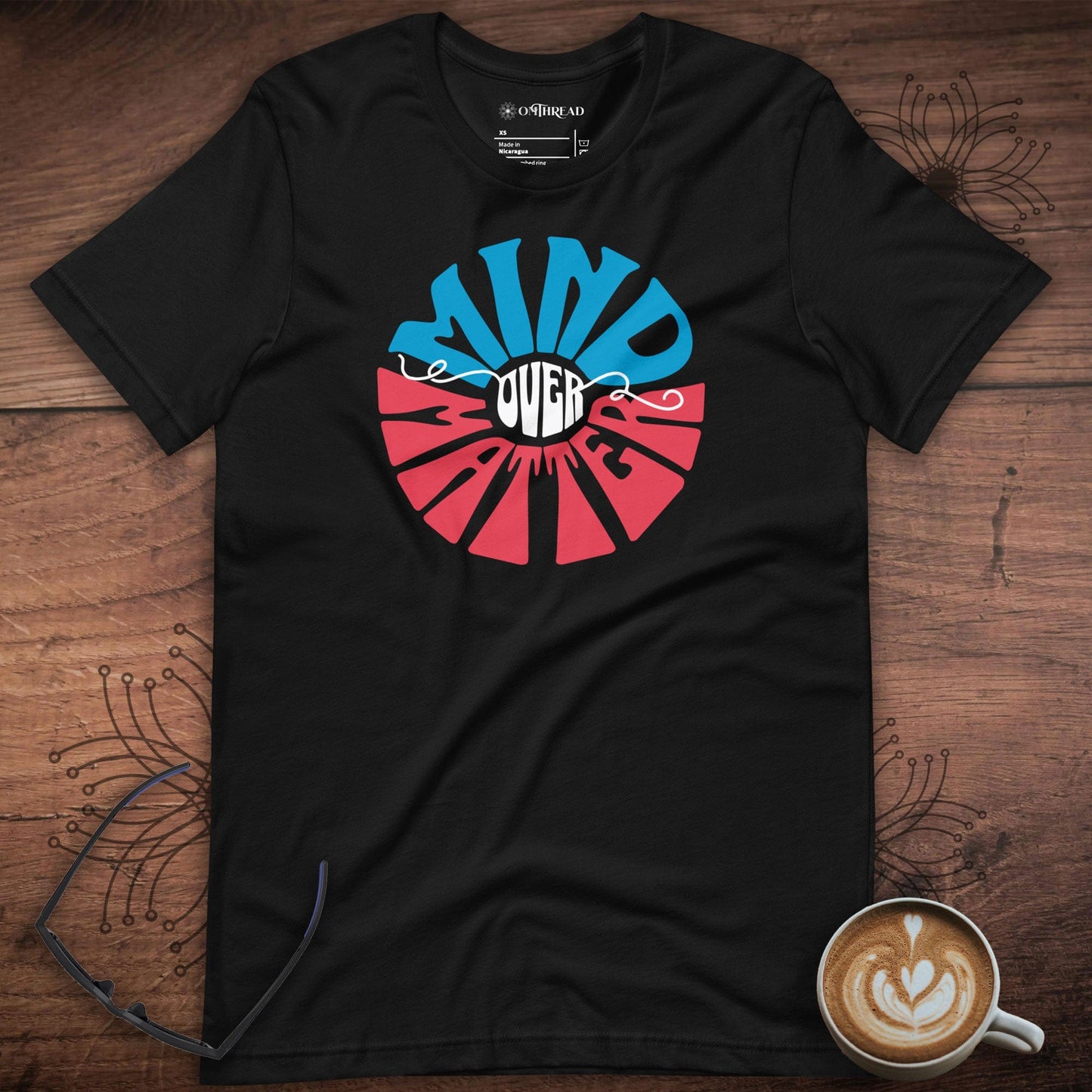 OMTHREAD Mind Over Matter Motivational Tee black t-shirt with colorful "Mind Over Matter" text design