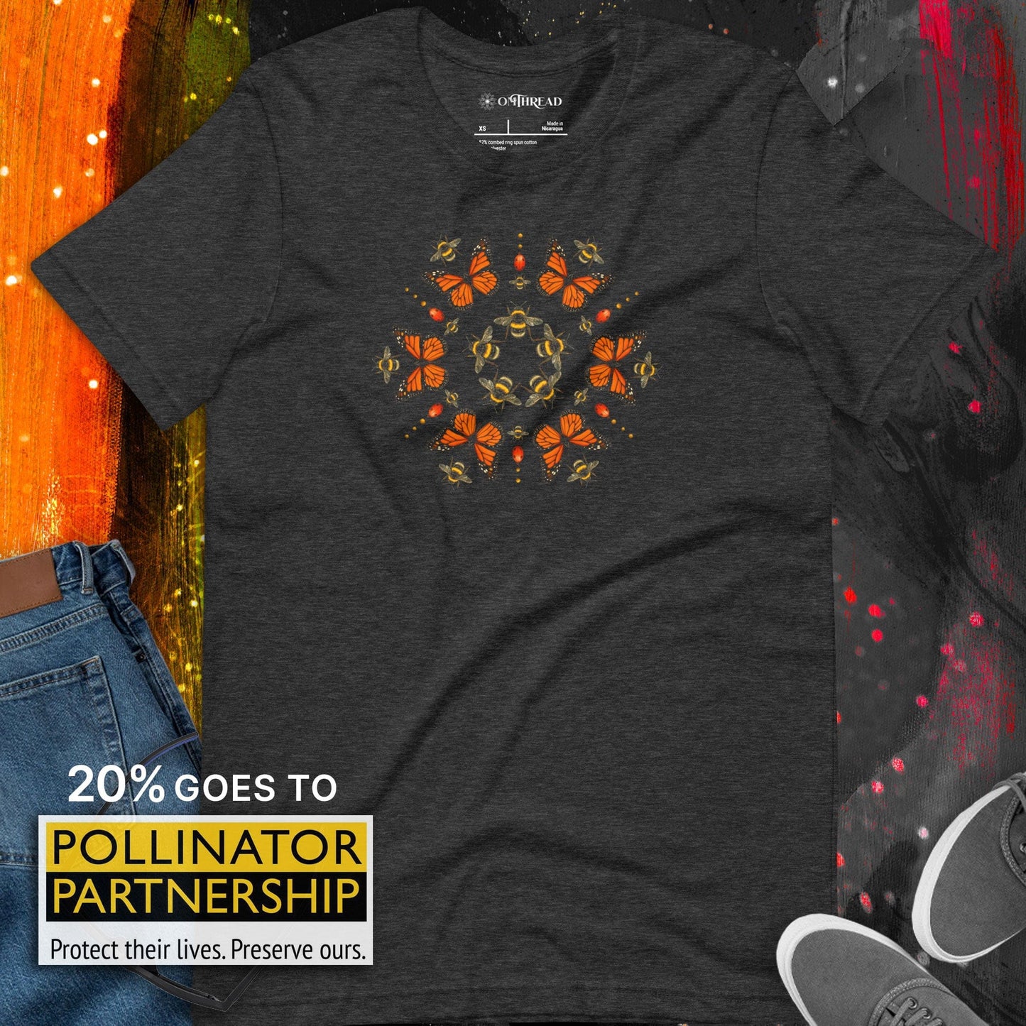 OMTHREAD Monarch Butterfly Bee Mandala Shirt Nature Inspired Graphic Tee