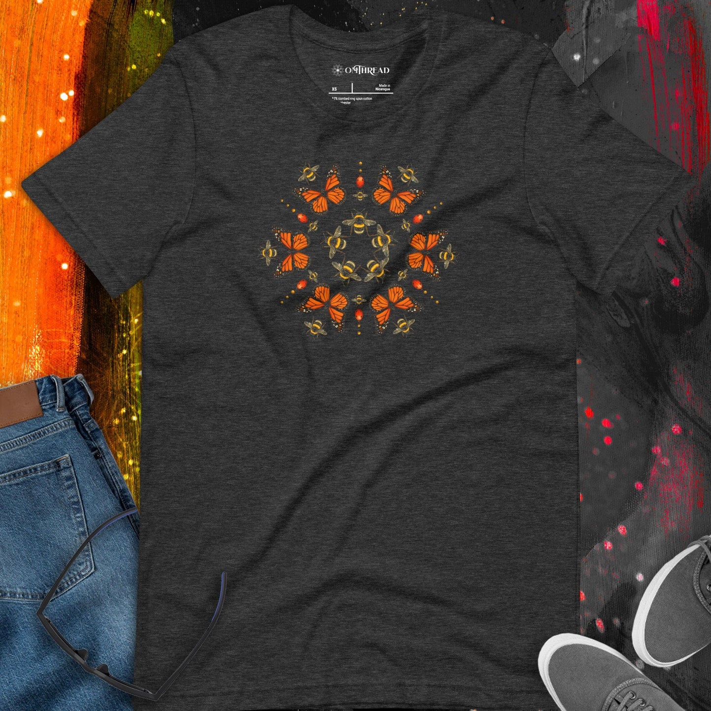 OMTHREAD Monarch Butterfly Bee Mandala Shirt Nature Inspired Graphic Tee