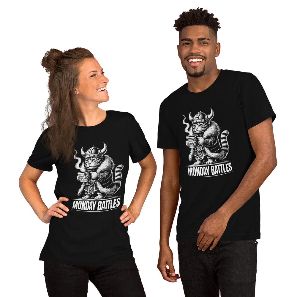 OMTHREAD Monday Battles Viking Cat T-Shirt | Funny Coffee Lover Tee