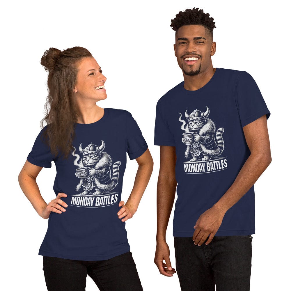 OMTHREAD Monday Battles Viking Cat T-Shirt | Funny Coffee Lover Tee