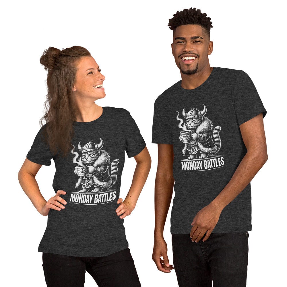 OMTHREAD dark gray Viking cat t-shirt featuring a fierce feline warrior gripping a steaming cup of coffee, wearing a Norse helmet. 'Monday Battles' text included