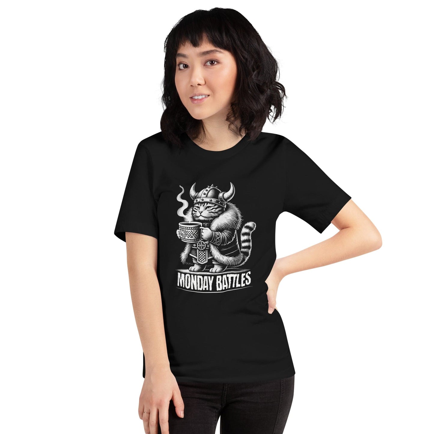 OMTHREAD Monday Battles Viking Cat T-Shirt | Funny Coffee Lover Tee