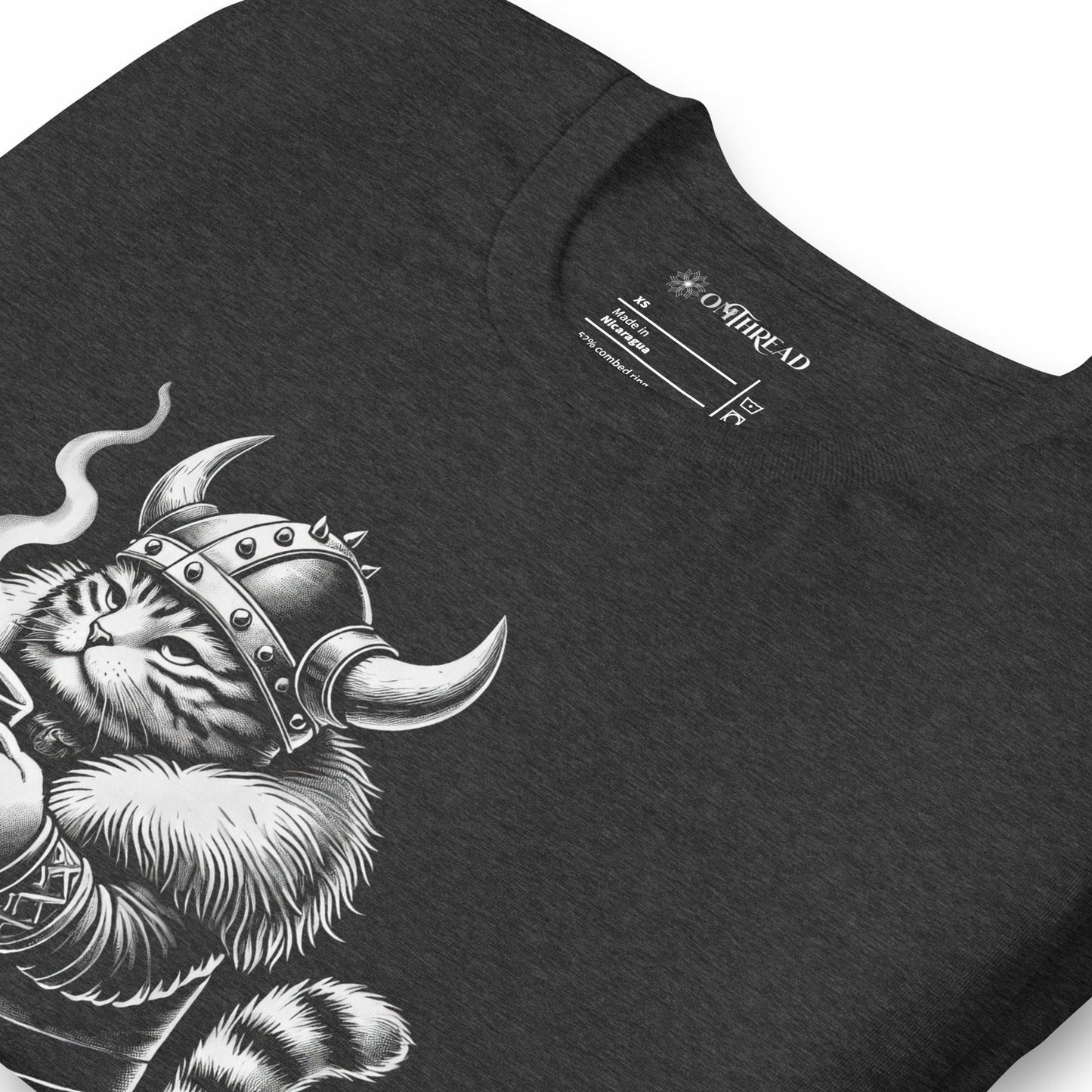 OMTHREAD dark gray Viking cat t-shirt featuring a fierce feline warrior gripping a steaming cup of coffee, wearing a Norse helmet. 'Monday Battles' text included