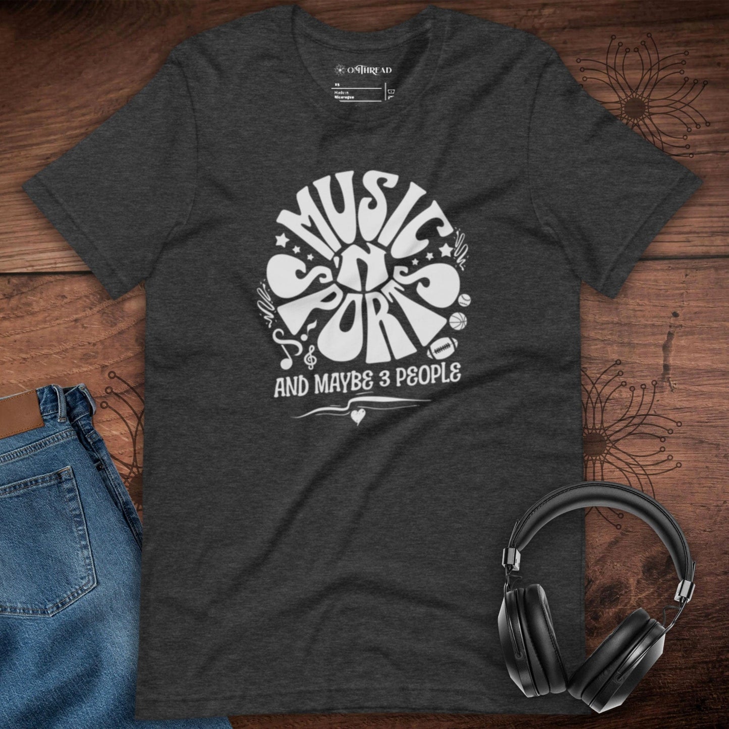 OMTHREAD Music 'N Sports T-Shirt Fun Introvert Dark Gray Tee Humorous Gift for Music and Sports Lovers.