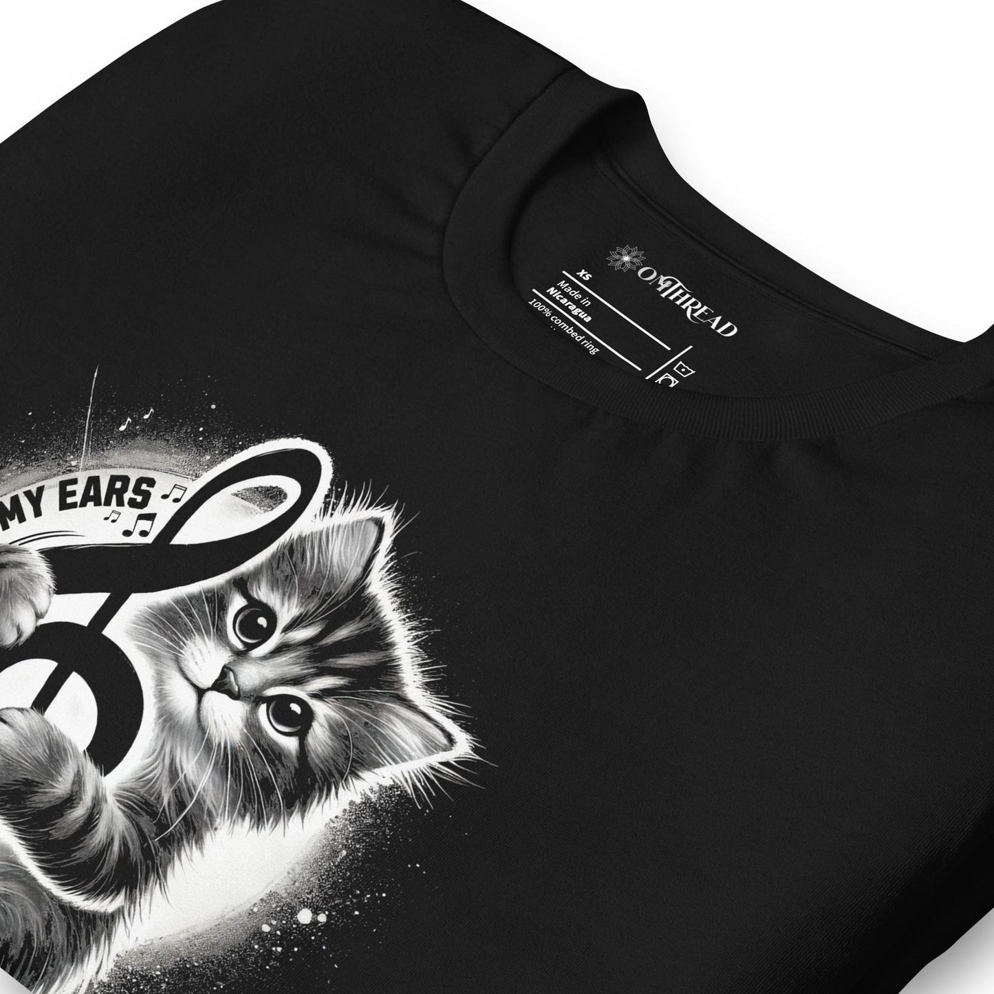 OMTHREAD Music to My Ears Cat T-Shirt | Treble Clef Kitten Tee for Cat Lovers