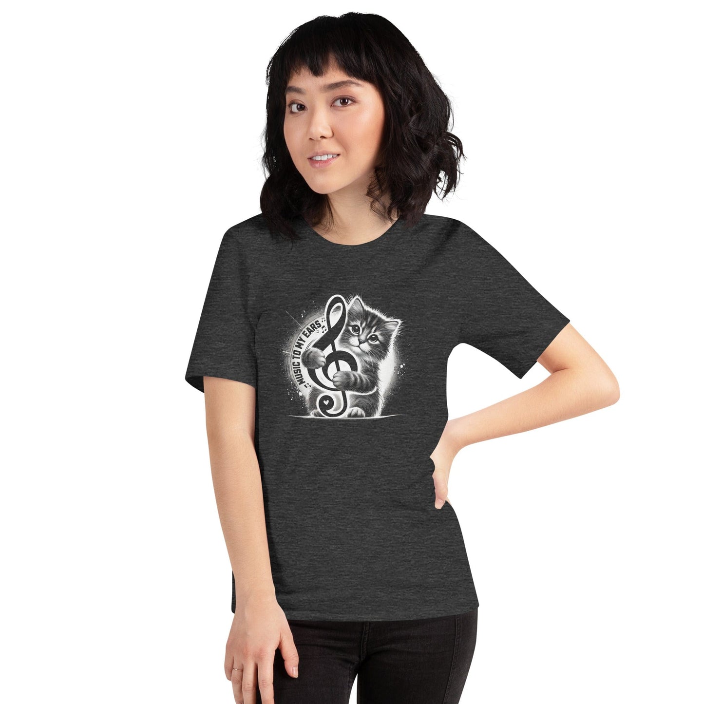 OMTHREAD Music to My Ears Cat T-Shirt | Treble Clef Kitten Tee for Cat Lovers