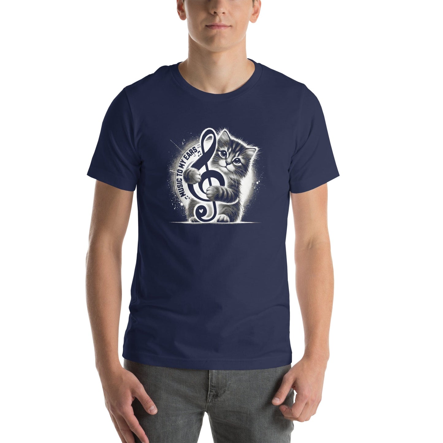OMTHREAD Music to My Ears Cat T-Shirt | Treble Clef Kitten Tee for Cat Lovers
