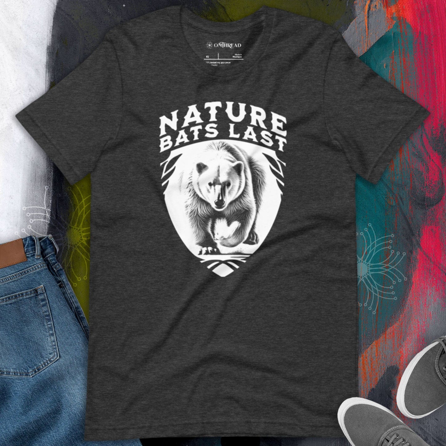 OMTHREAD Dark Grey Heather T-Shirt with a detailed polar bear illustration and bold "Nature Bats Last" text.