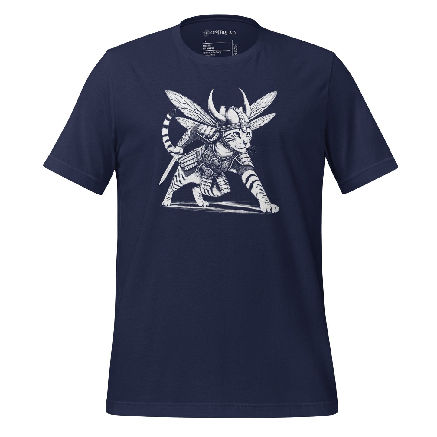 OMThread navy t-shirt featuring an intricately illustrated Viking warrior cat in a battle-ready stance, wearing detailed armor, a horned helmet, and insect-like wings, holding a sword.