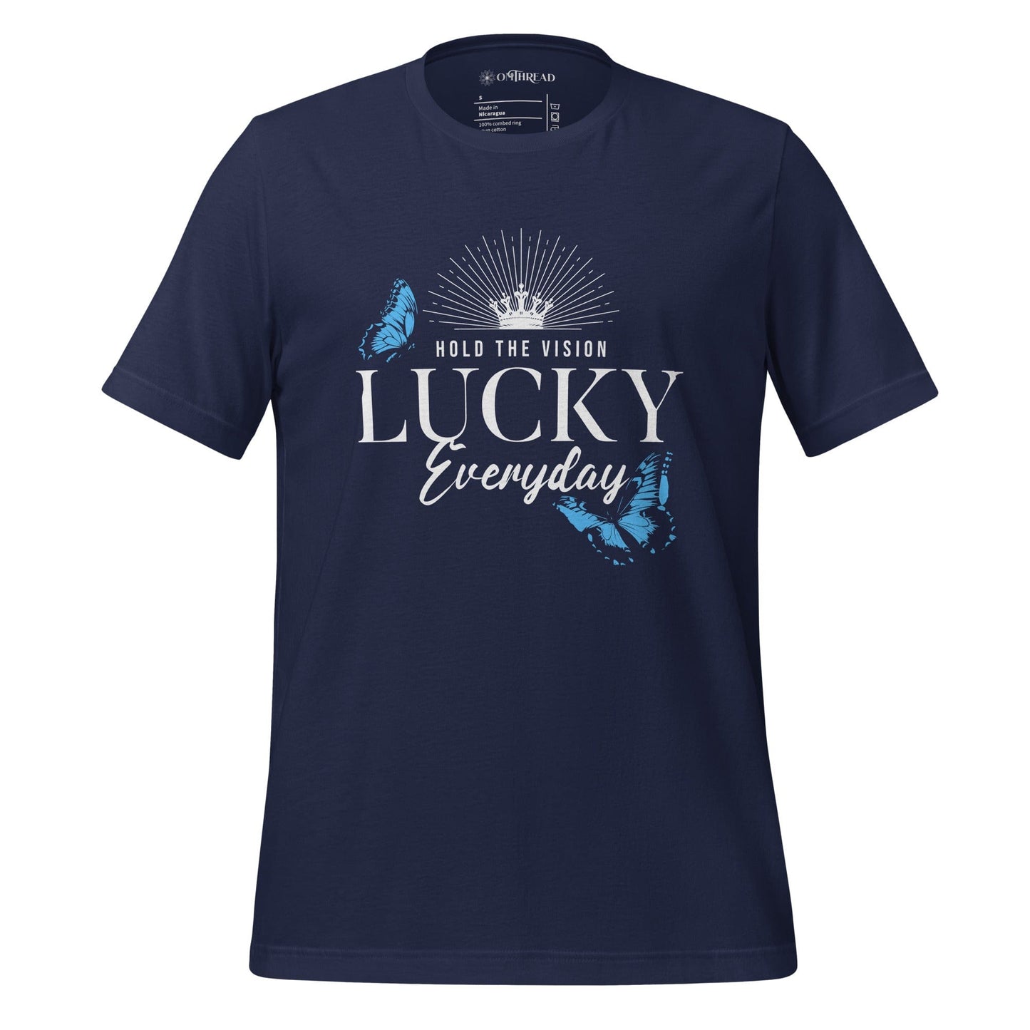 OMTHREAD navy t-shirt featuring the text "Hold the Vision" above "LUCKY Everyday" with a crown and butterfly designs in blue, creating a motivational and inspirational visual.