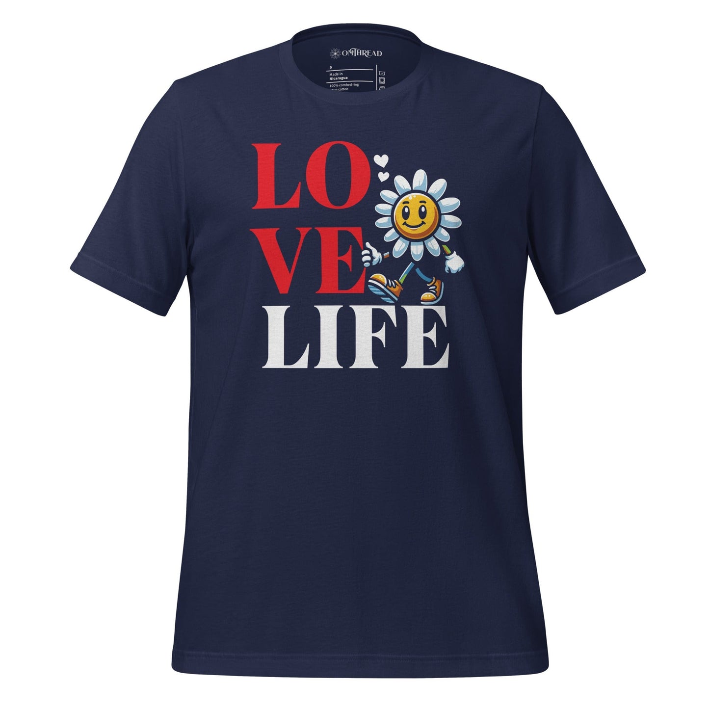 OMTHREAD navy t-shirt with "LOVE LIFE" design featuring a smiling flower character and hearts.